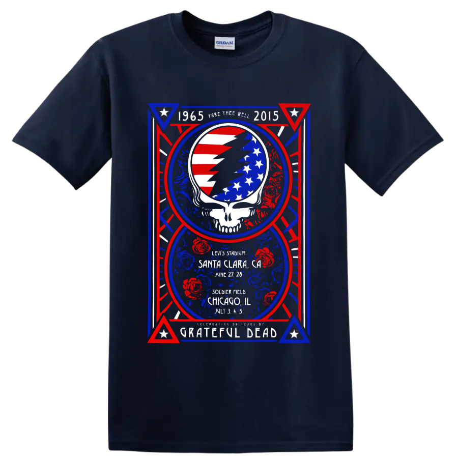 Grateful Dead Fare Thee Well poster with American flag lightning skull and roses on a Navy (Blue) T Shirt