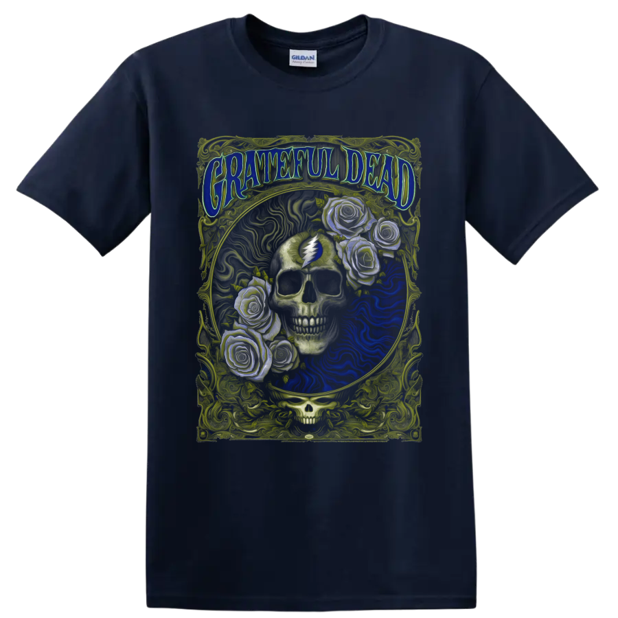 Grateful Dead psychedelic skull and roses poster art with lightning bolt symbol on a Navy (Blue) T Shirt