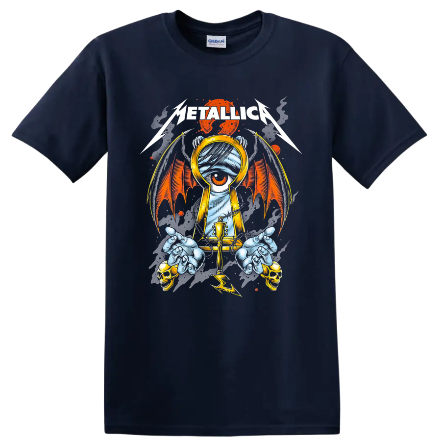 Metallica gothic keyhole eye artwork with bat wings, skulls, claws, and lightning on a Navy (Blue) T Shirt