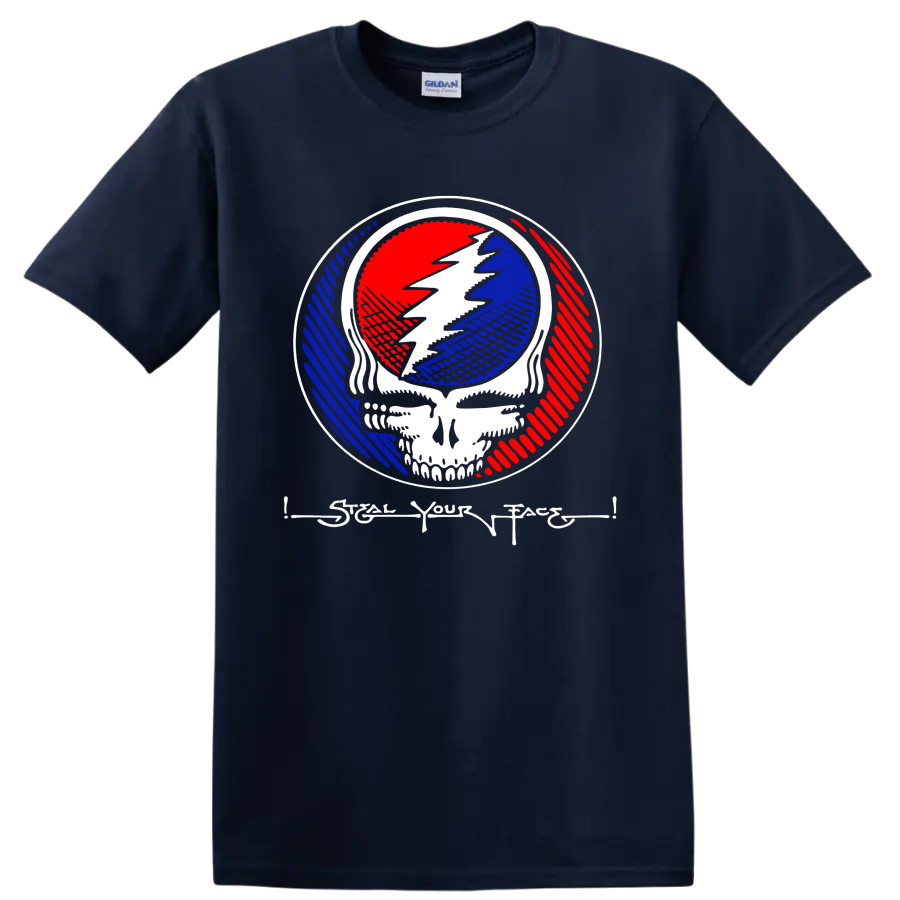Grateful Dead Steal Your Face skull and lightning emblem in red, white, and blue on a Navy (Blue) T Shirt