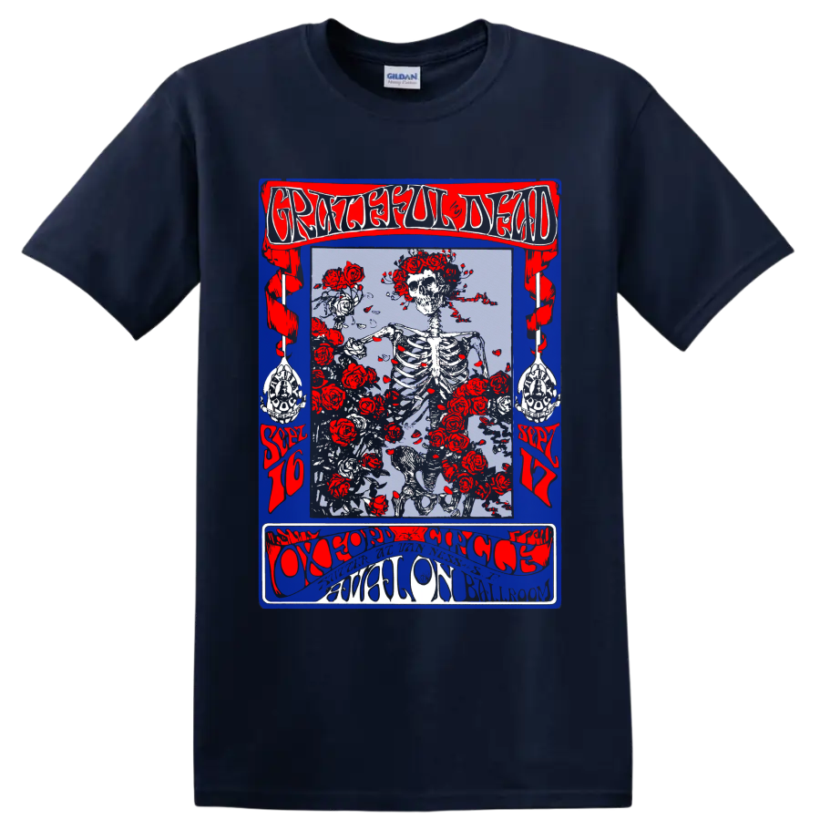 Grateful Dead skeleton and red roses distressed psychedelic concert poster graphic on a Navy (Blue) T Shirt