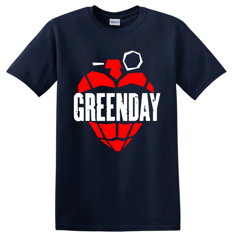 Green Day text over a distressed red grenade-heart punk rock graphic on a Navy (Blue) T Shirt