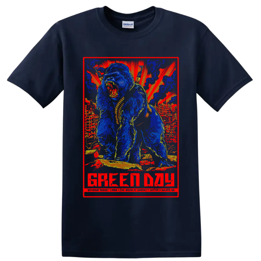 Green Day Duluth 2009 concert-poster graphic with roaring gorilla and sunburst on a Navy (Blue) T Shirt
