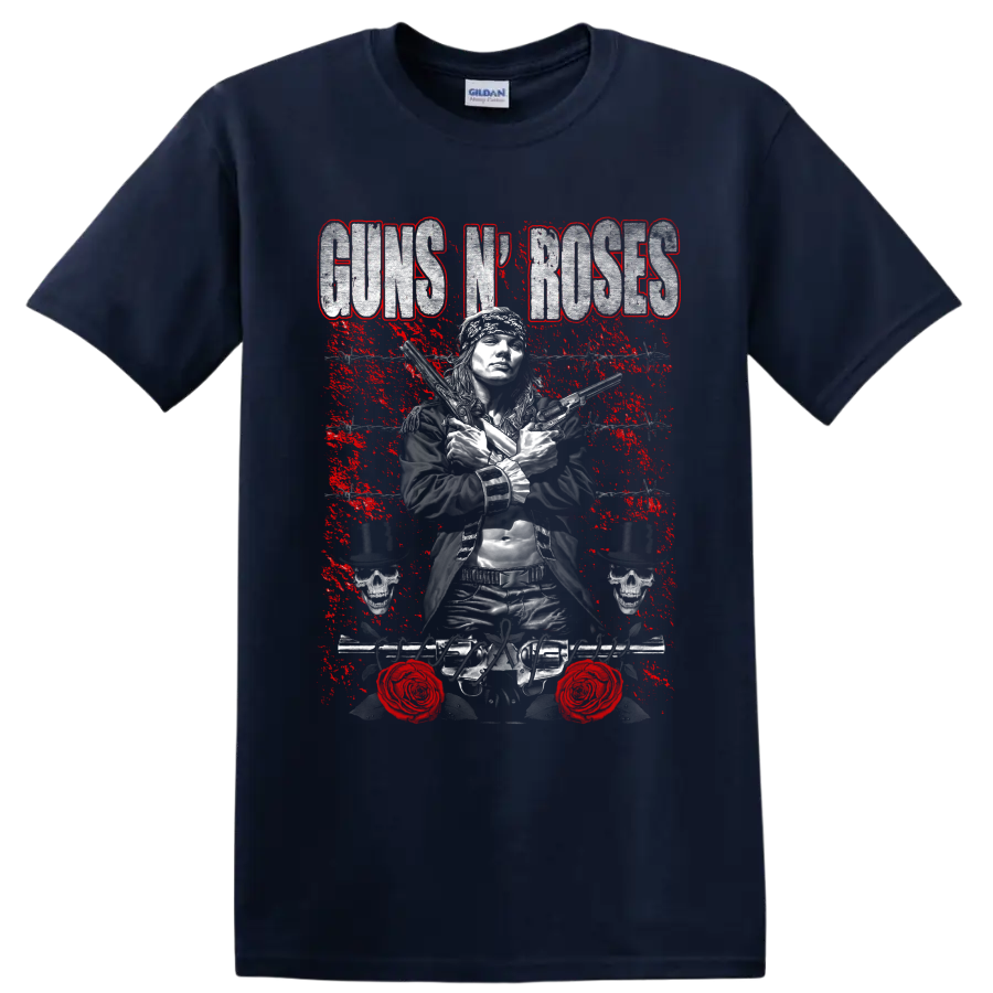 Axl Rose Guns N' Roses distressed rock graphic with crossed pistols and skulls on a Navy (Blue) T Shirt