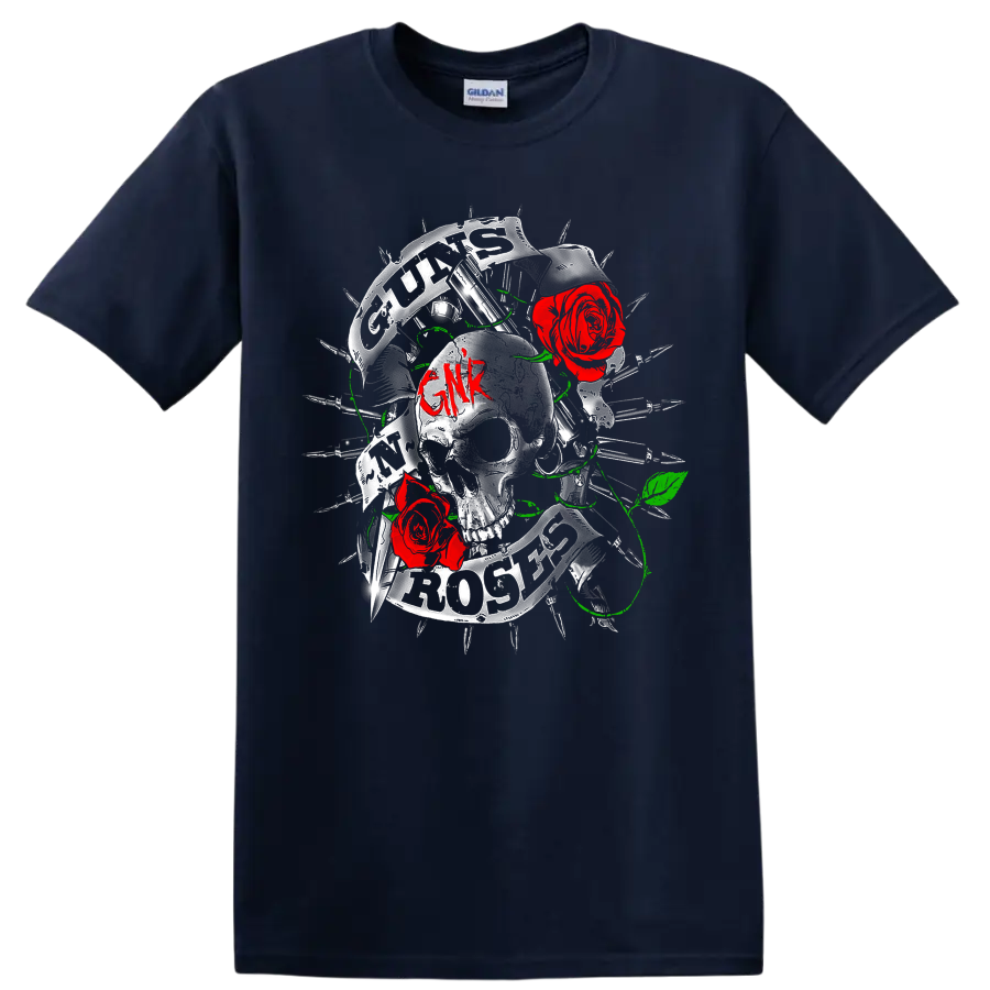 Guns N' Roses skull graphic with red roses, barbed wire, green vines, and GNR lettering on a Navy (Blue) T Shirt