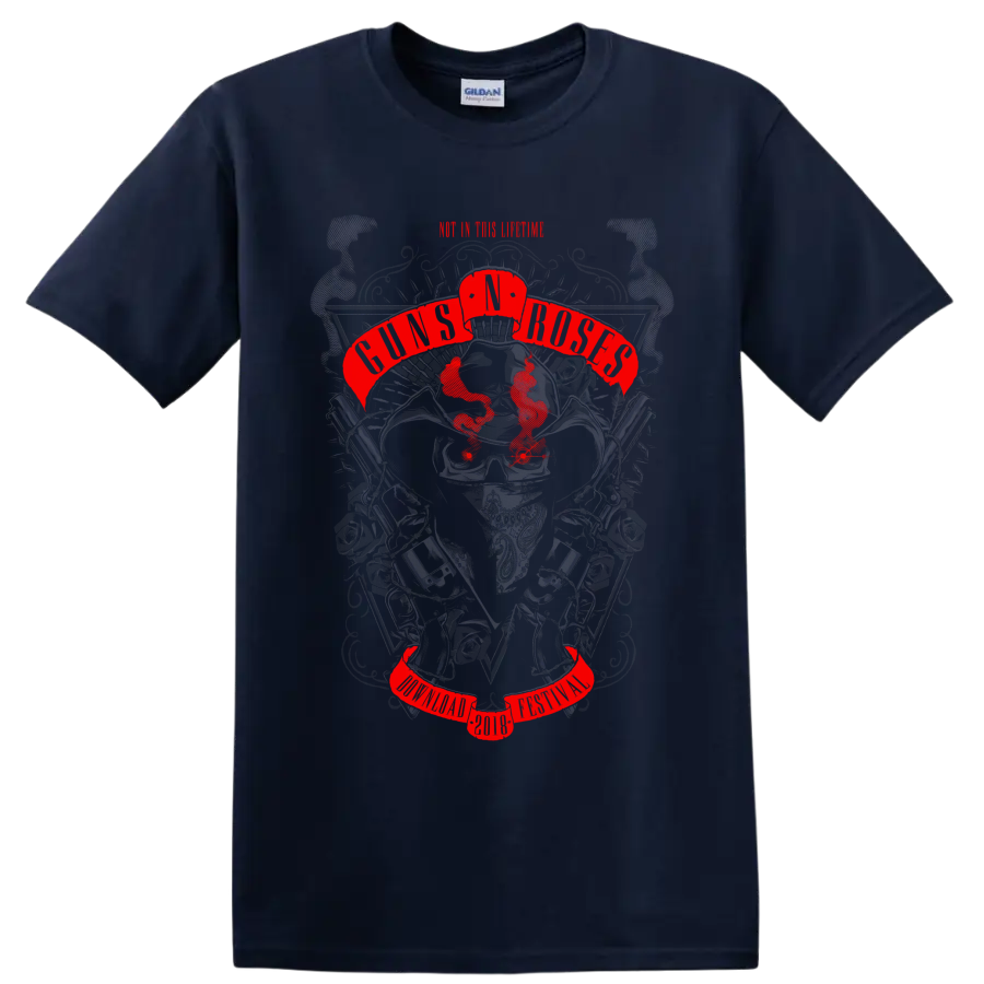 Guns N' Roses tribute poster graphic with skull, roses, pistols, and red banners on a Navy (Blue) T Shirt