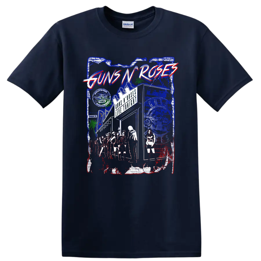 Guns N' Roses distressed Sunset Boulevard Hollywood rock collage graphic on a Navy (Blue) T Shirt