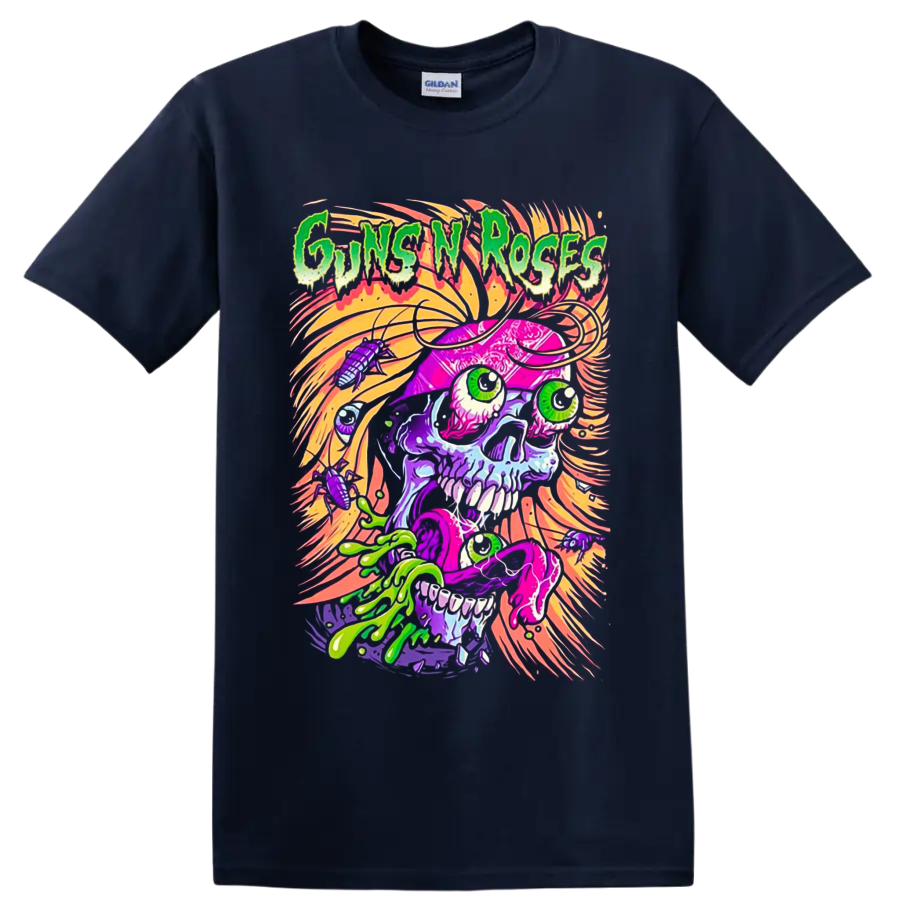 Guns N' Roses neon psychedelic skull with slime, eyeballs, insects, and swirling flames on a Navy (Blue) T Shirt