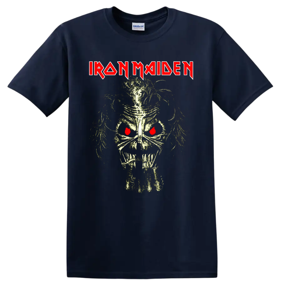Iron Maiden logo above distressed Eddie skeletal skull with red eyes on a Navy (Blue) T Shirt