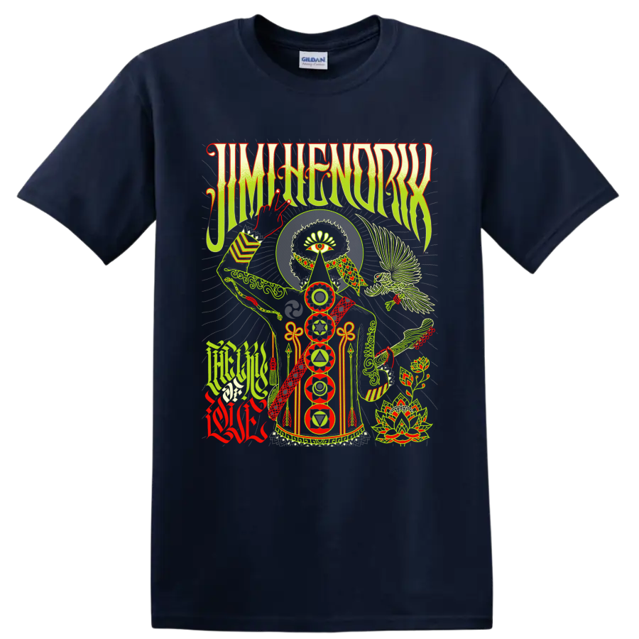 Jimi Hendrix The Cry of Love psychedelic graphic with eye, guitar, bird, and chakra on a Navy (Blue) T Shirt