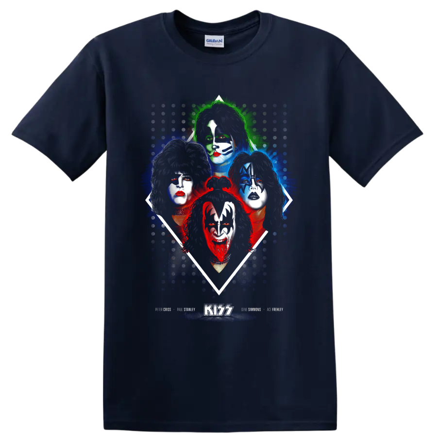 KISS original lineup portraits in face paint with colorful splatter and KISS logo on a Navy (Blue) T Shirt