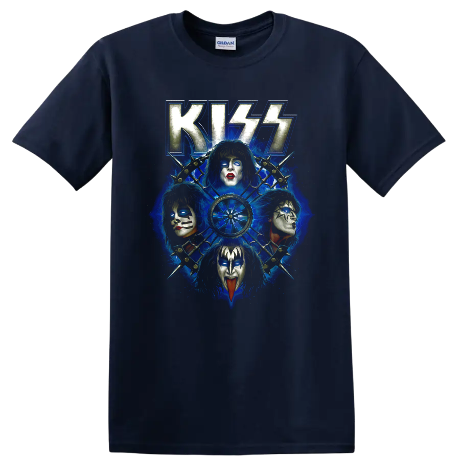 KISS Rock and Roll Over blue collage with four stage-painted faces and radial emblem on a Navy (Blue) T Shirt