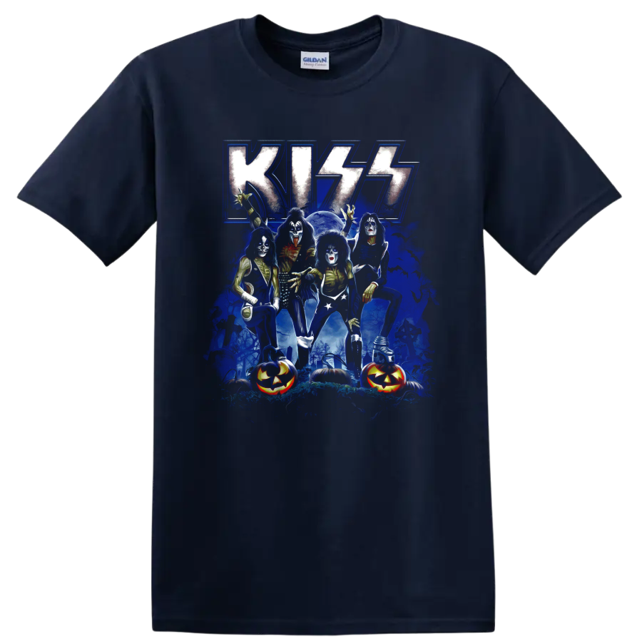 KISS band makeup graphic with graveyard, bats, moon, and jack-o-lanterns on a Navy (Blue) T Shirt