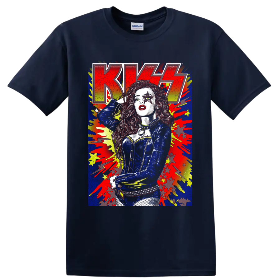 KISS concert poster-style graphic with star-painted performer, splatters, stars, and on a Navy (Blue) T Shirt