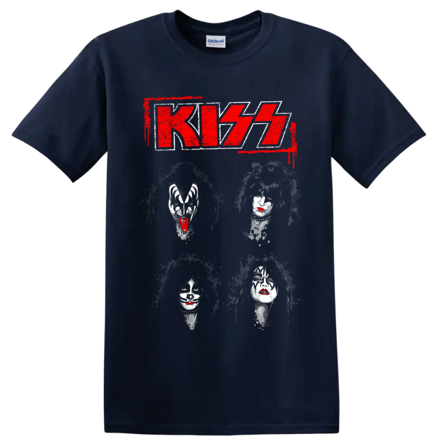 KISS logo with distressed portraits of the four original members on a Navy (Blue) T Shirt