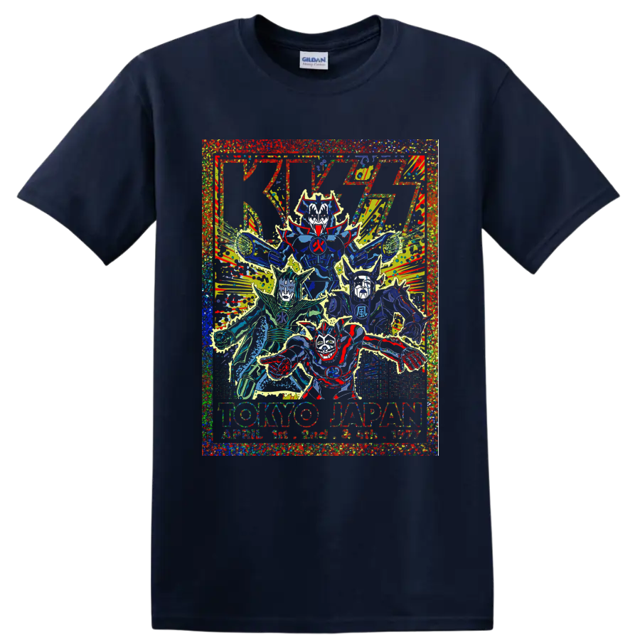 KISS Tokyo Japan concert poster graphic with stylized band figures and lightning on a Navy (Blue) T Shirt