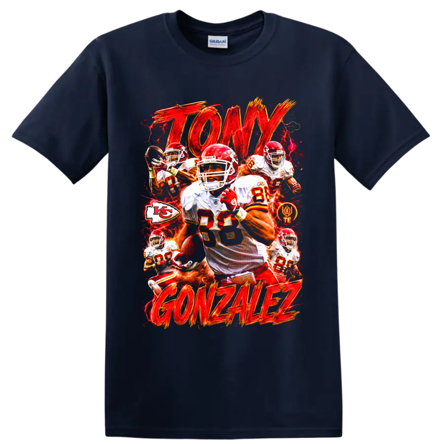 Tony Gonzalez Kansas City Chiefs tight end action collage with fiery red gold lettering on a Navy (Blue) T Shirt