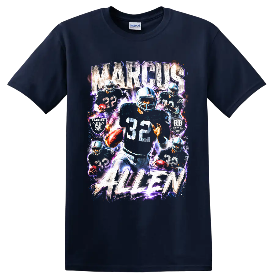 Marcus Allen Los Angeles Raiders number 32 running back electric collage graphic on a Navy (Blue) T Shirt