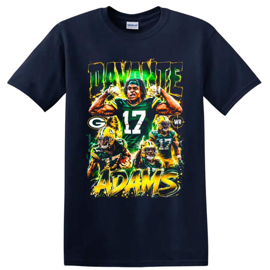 Davante Adams Packers number 17 football collage with electric green and gold ADAMS text on a Navy (Blue) T Shirt