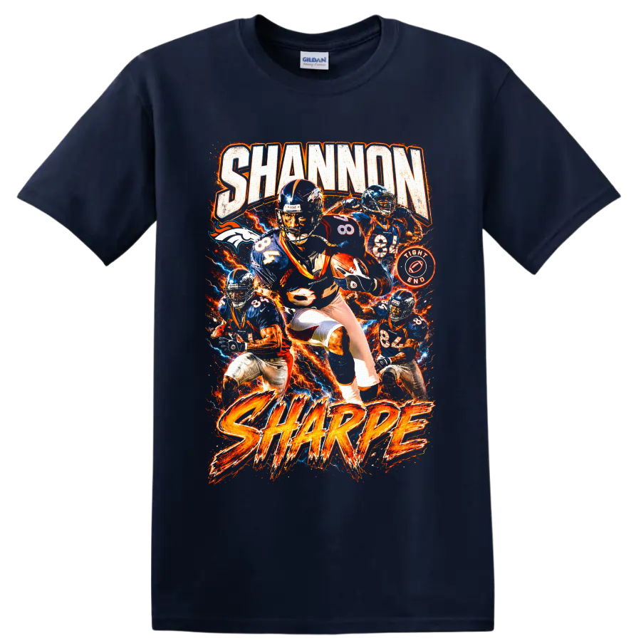 Shannon Sharpe Denver Broncos number 84 fiery vintage football collage graphic on a Navy (Blue) T Shirt