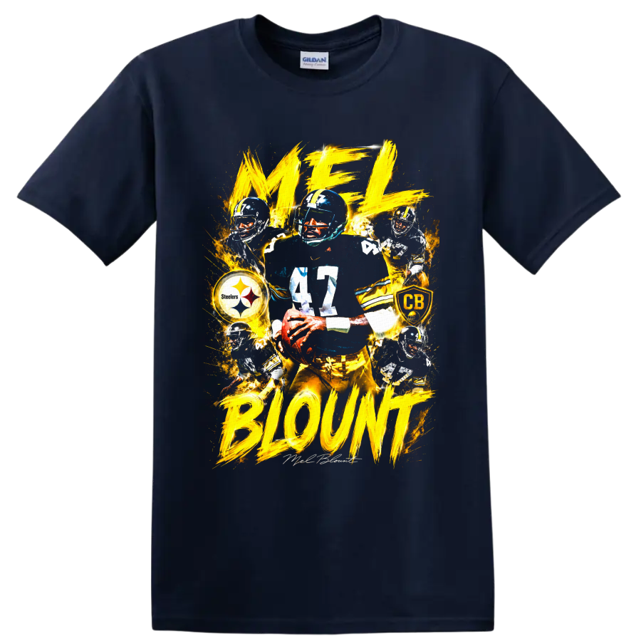 Mel Blount No. 47 Steelers action collage with gold brushstroke lettering on a Navy (Blue) T Shirt