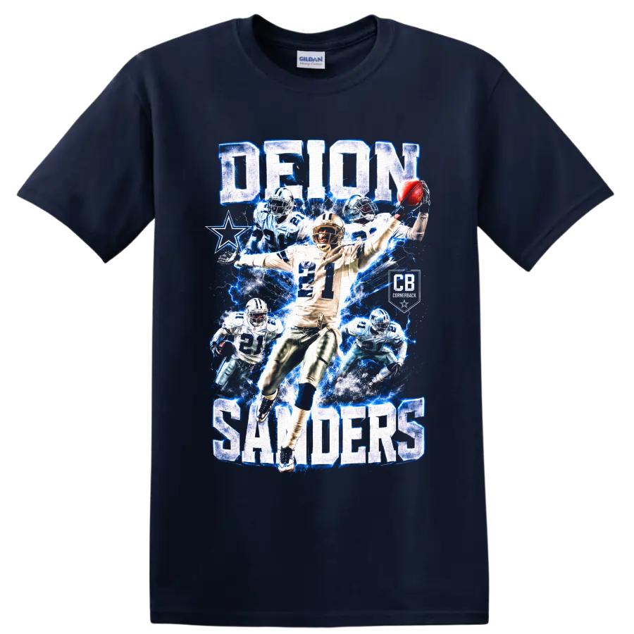 Deion Sanders Dallas Cowboys number 21 cornerback collage with blue lightning and star on a Navy (Blue) T Shirt