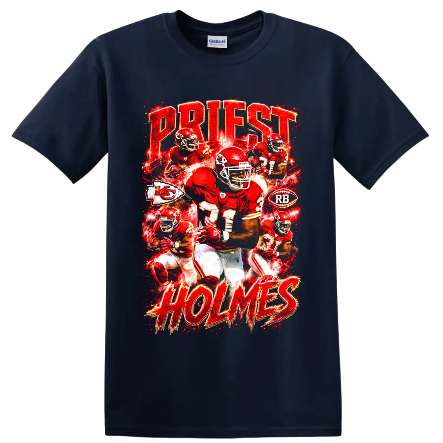 Priest Holmes Kansas City Chiefs running back action collage with PRIEST HOLMES lettering on a Navy (Blue) T Shirt
