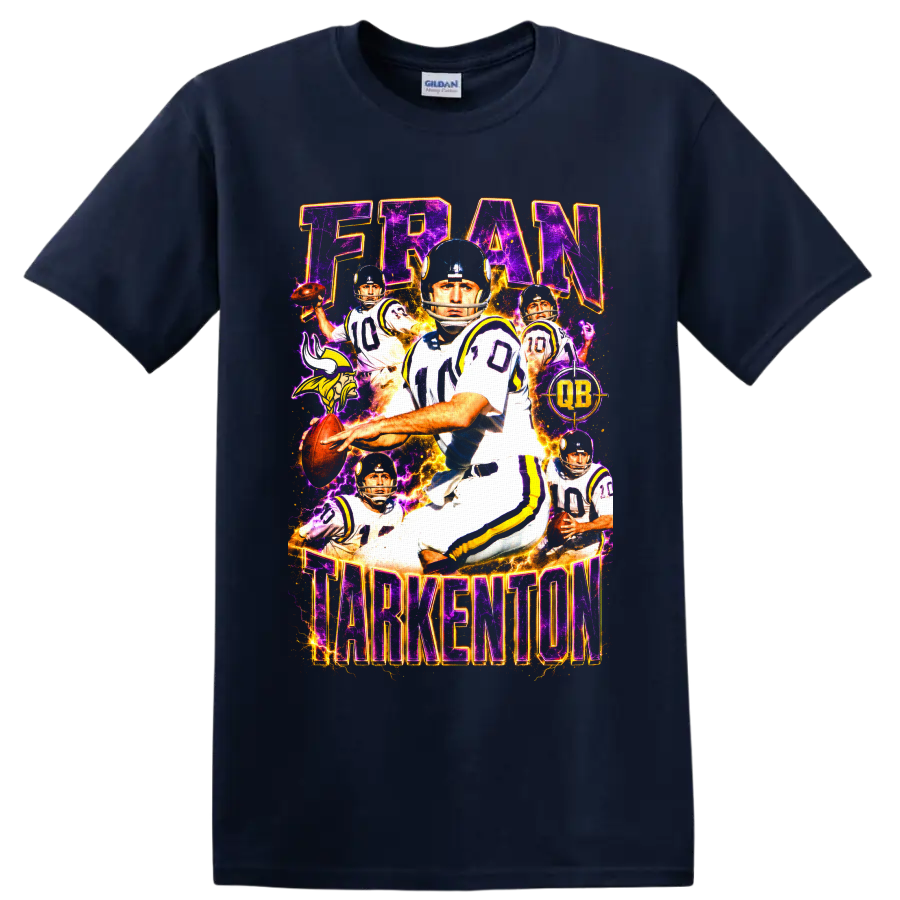 Fran Tarkenton Vikings quarterback collage with purple lightning and FRAN TARKENTON text on a Navy (Blue) T Shirt