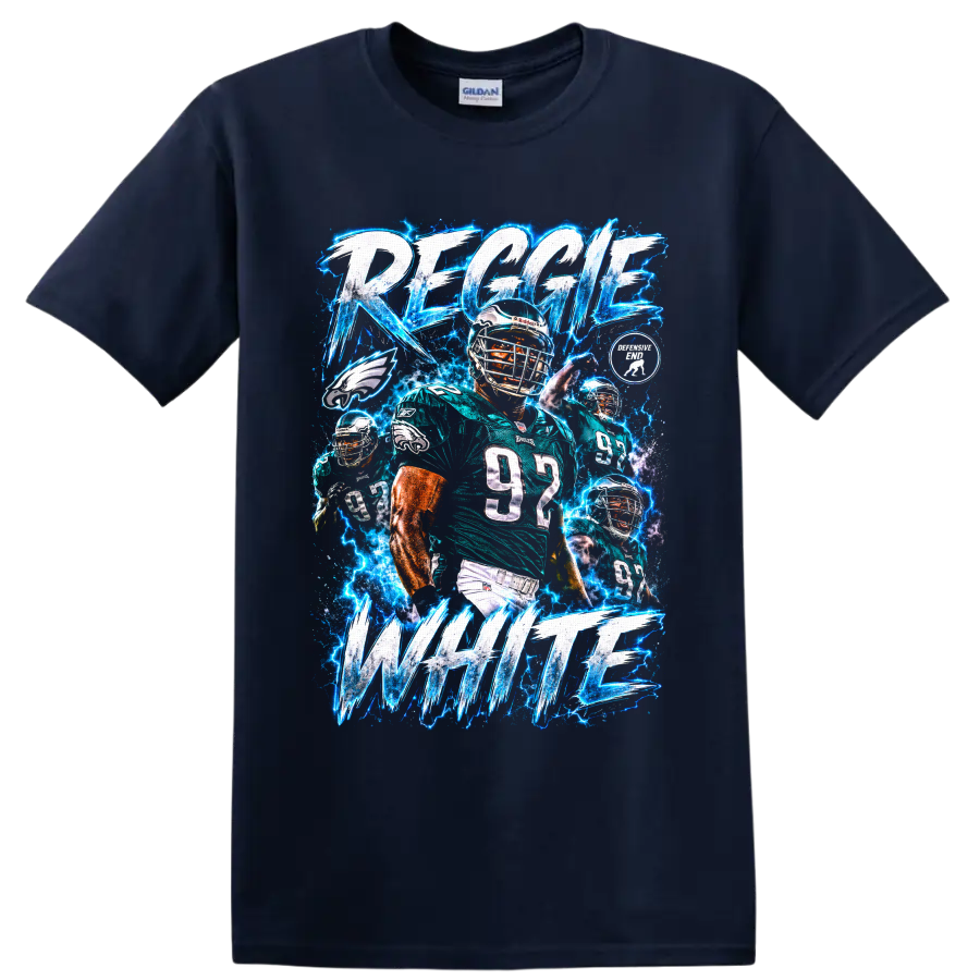 Reggie White Eagles number 92 football collage with electric lightning and bold lettering on a Navy (Blue) T Shirt