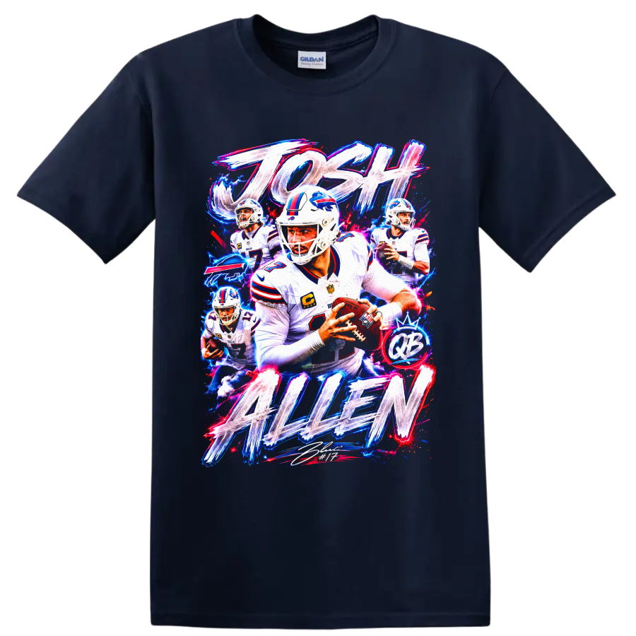 Josh Allen Buffalo Bills quarterback neon action collage with JOSH ALLEN lettering on a Navy (Blue) T Shirt