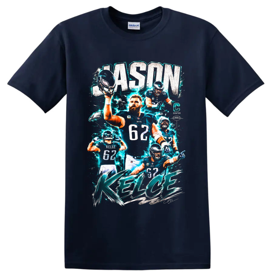 Jason Kelce Eagles center collage with electric teal effects and KELCE lettering on a Navy (Blue) T Shirt