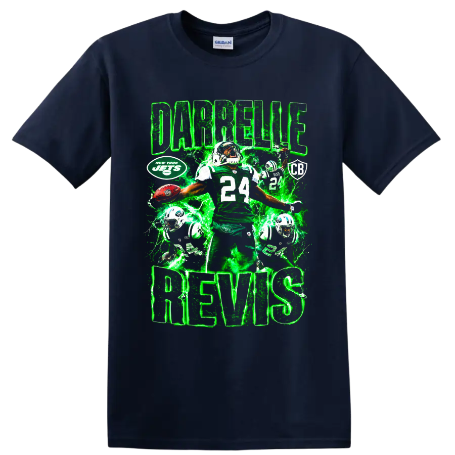 Darrelle Revis New York Jets number 24 football collage with green lightning on a Navy (Blue) T Shirt