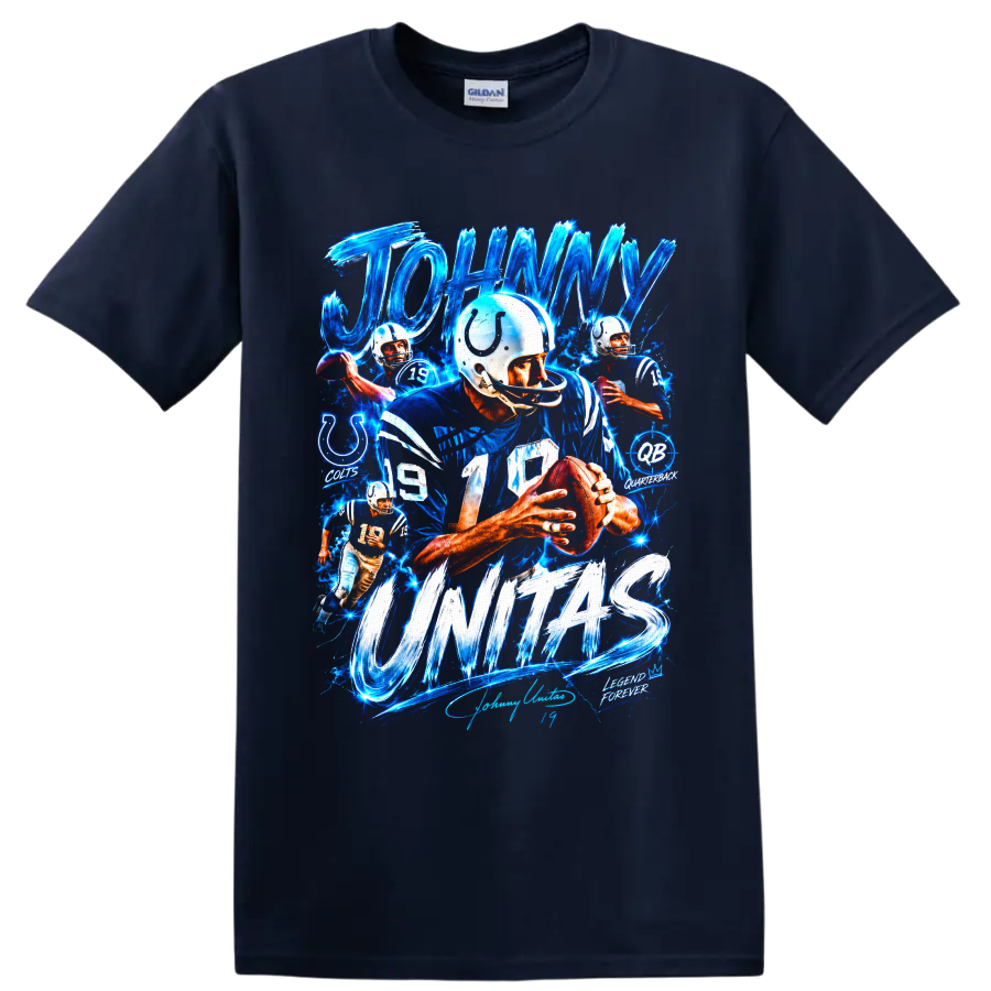 Johnny Unitas Baltimore Colts number 19 quarterback collage with electric blue lettering on a Navy (Blue) T Shirt