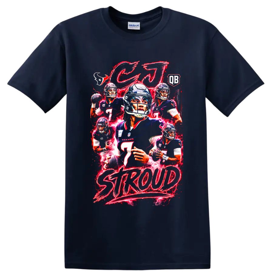 C.J. Stroud Houston Texans football collage with red neon effects and STR0UD text on a Navy (Blue) T Shirt