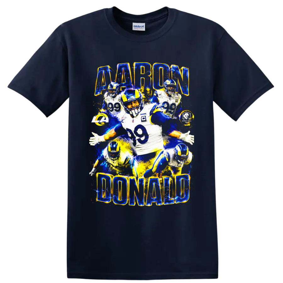 Aaron Donald Los Angeles Rams number 99 football collage with electric lettering on a Navy (Blue) T Shirt