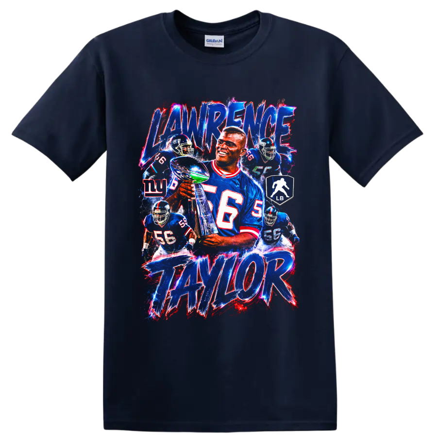 Lawrence Taylor New York Giants retro collage with trophy, action poses, and bold on a Navy (Blue) T Shirt