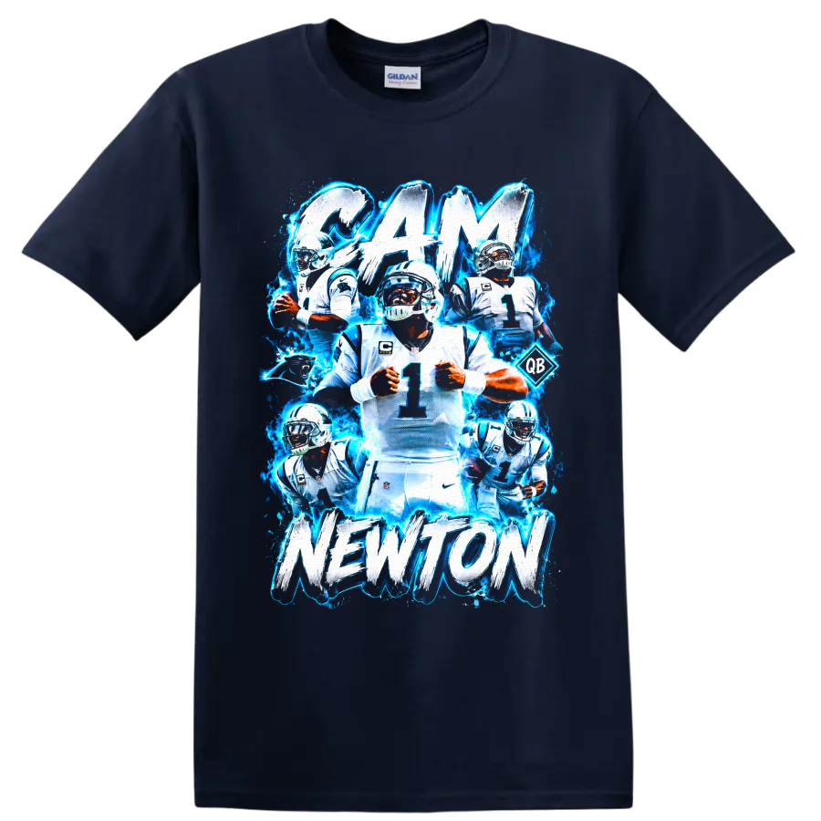 Cam Newton Panthers football collage with electric blue effects and CAM NEWTON text on a Navy (Blue) T Shirt
