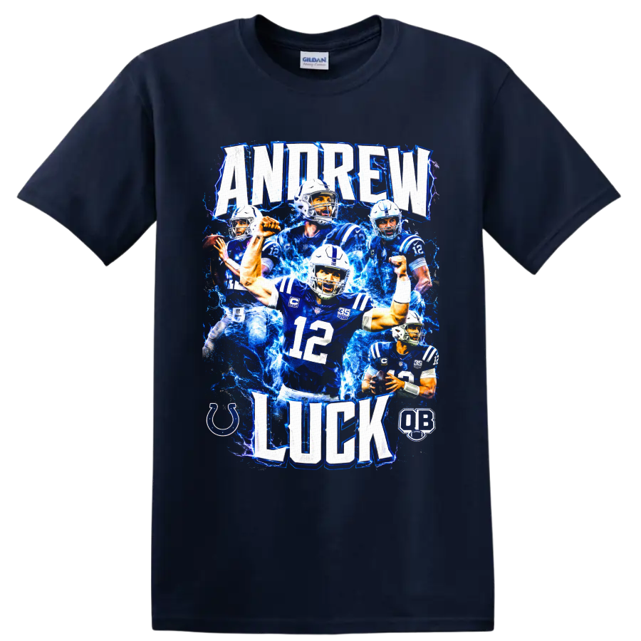 Andrew Luck Colts quarterback collage with number 12 and electric-blue lightning on a Navy (Blue) T Shirt