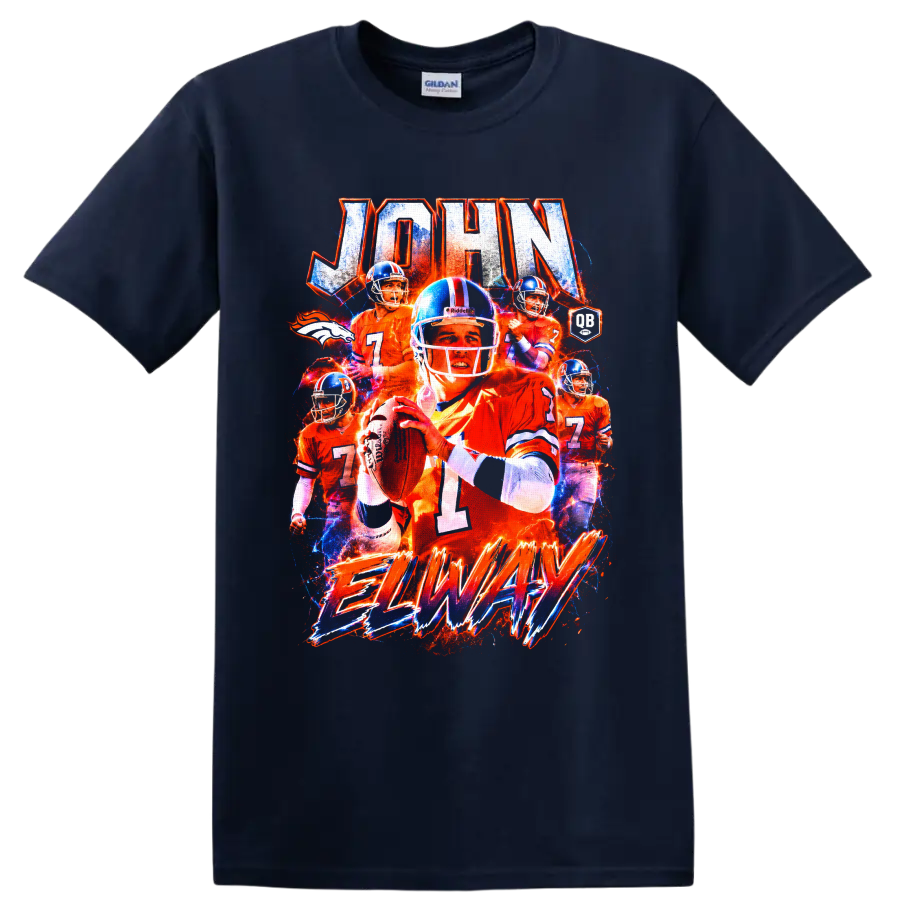 John Elway Denver Broncos quarterback collage with distressed JOHN and ELWAY lettering on a Navy (Blue) T Shirt