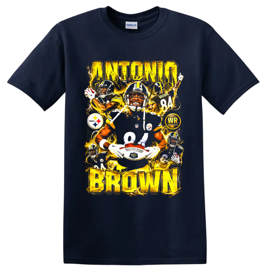 Antonio Brown Pittsburgh Steelers number 84 wide receiver action collage lettering on a Navy (Blue) T Shirt