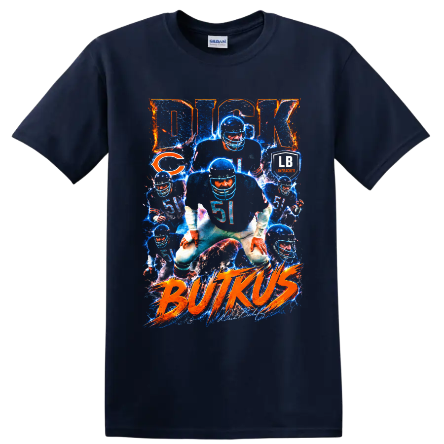 Dick Butkus Chicago Bears No. 51 electric football collage with BUTKUS lettering on a Navy (Blue) T Shirt
