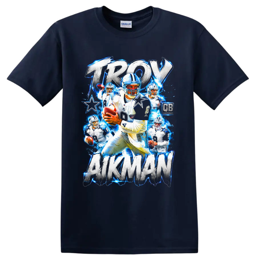 Troy Aikman Dallas Cowboys number 8 football collage with distressed lettering and stars on a Navy (Blue) T Shirt