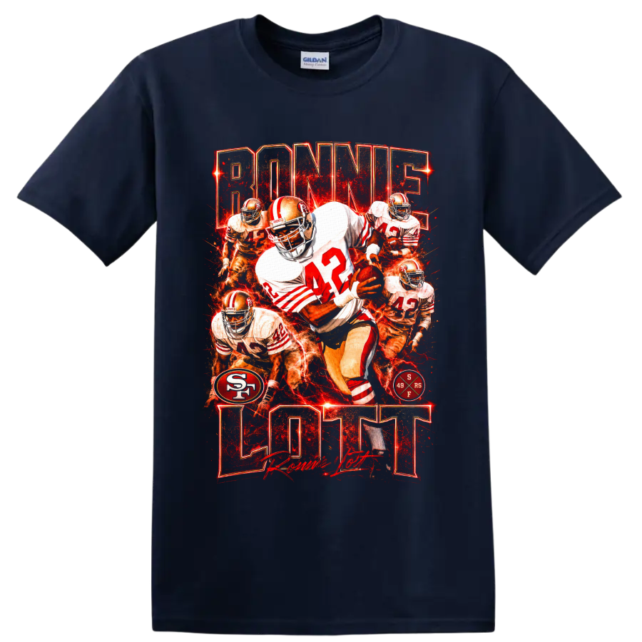 Ronnie Lott 49ers number 42 football collage with fiery red vintage graphic style on a Navy (Blue) T Shirt