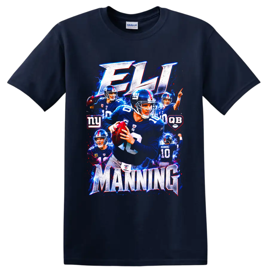 Eli Manning New York Giants quarterback collage with ELI and MANNING lettering on a Navy (Blue) T Shirt