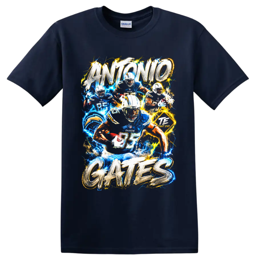 Antonio Gates Los Angeles Chargers tight end collage with electric lightning and bold on a Navy (Blue) T Shirt