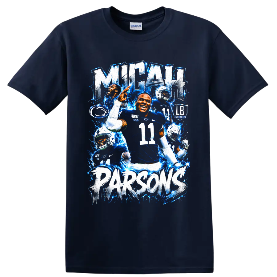 Micah Parsons Penn State linebacker collage with number 11 and electric blue lightning on a Navy (Blue) T Shirt