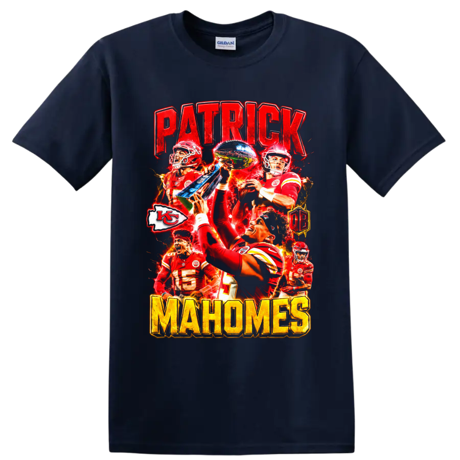 Patrick Mahomes Chiefs trophy football collage with PATRICK and MAHOMES lettering on a Navy (Blue) T Shirt