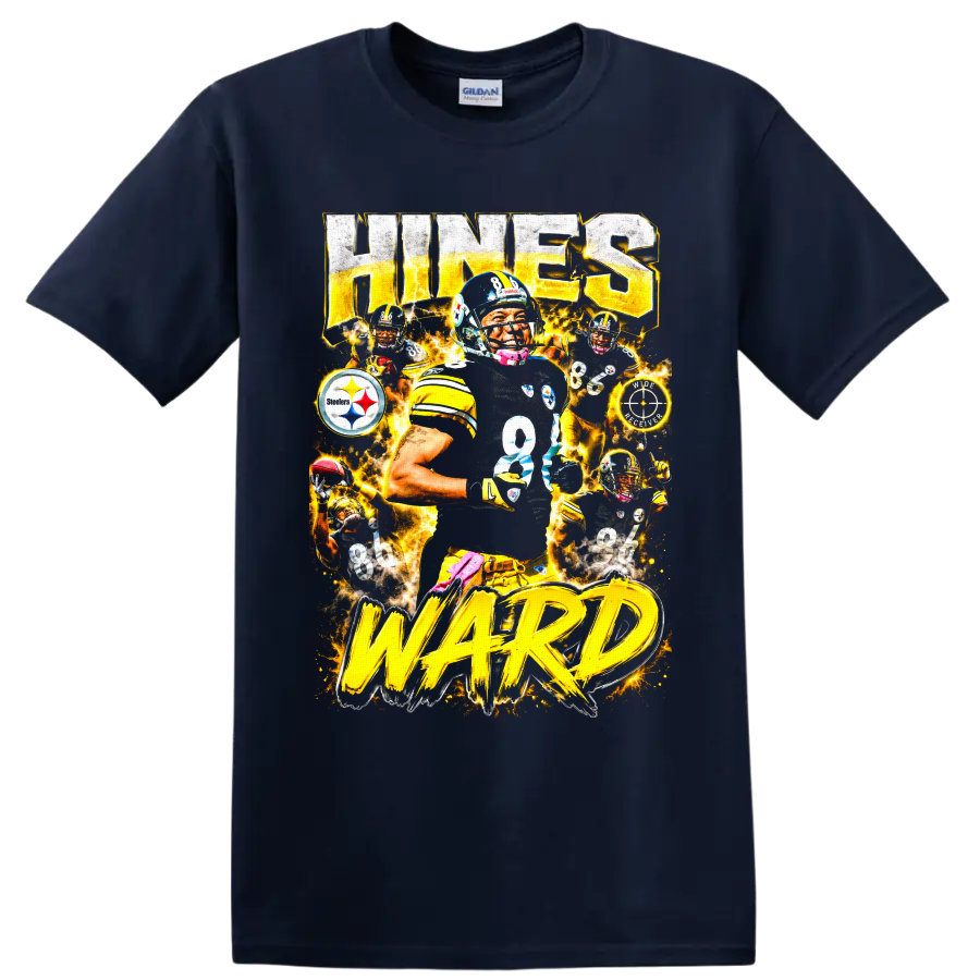 Hines Ward Steelers No. 86 action collage with gold lightning and bold Hines Ward on a Navy (Blue) T Shirt