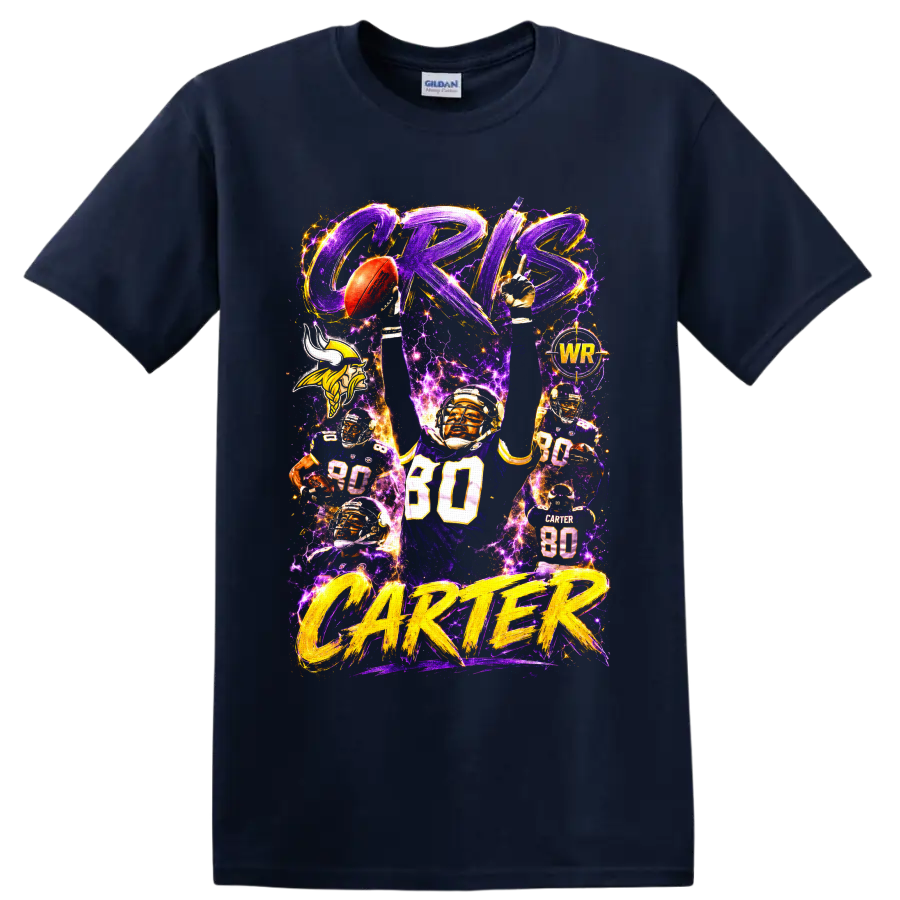 Cris Carter Vikings number 80 football collage with purple lightning and gold lettering on a Navy (Blue) T Shirt
