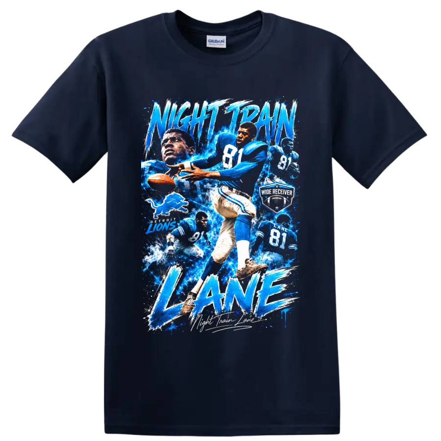 Dick Night Train Lane Detroit Lions football action collage with electric blue lettering on a Navy (Blue) T Shirt